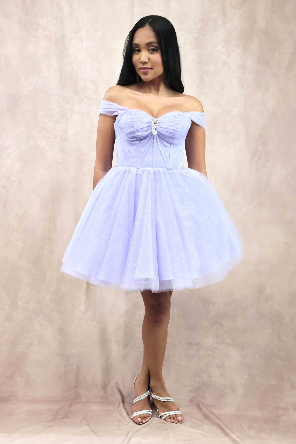 Chicas - Wholesale Dress - Women's - Short Off The Shoulder Tulle Dress With Brooch29