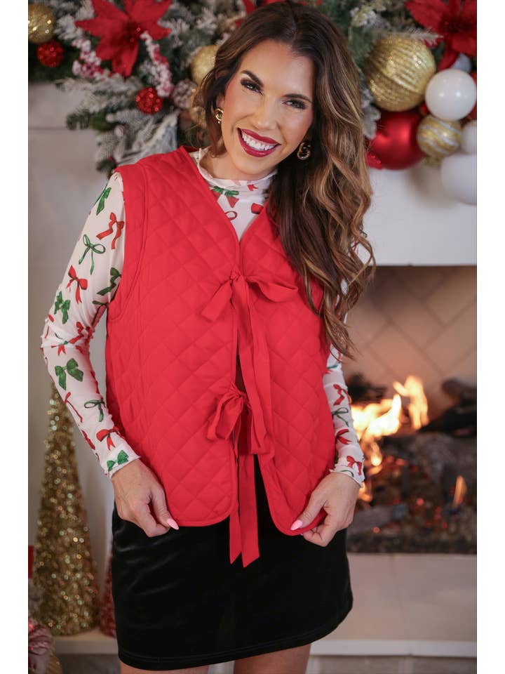 Twila Quilted Tie Vest- Red for wholesale on Faire2