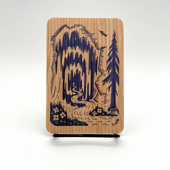 Cave and tree on aspen or red cedar wood postcard for wholesale by Morning Paper dot Design
