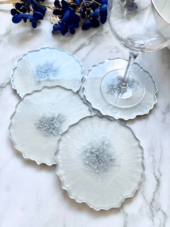 Pearly White and Silver Resin Coasters, Geode Style for wholesale by Stray Resin