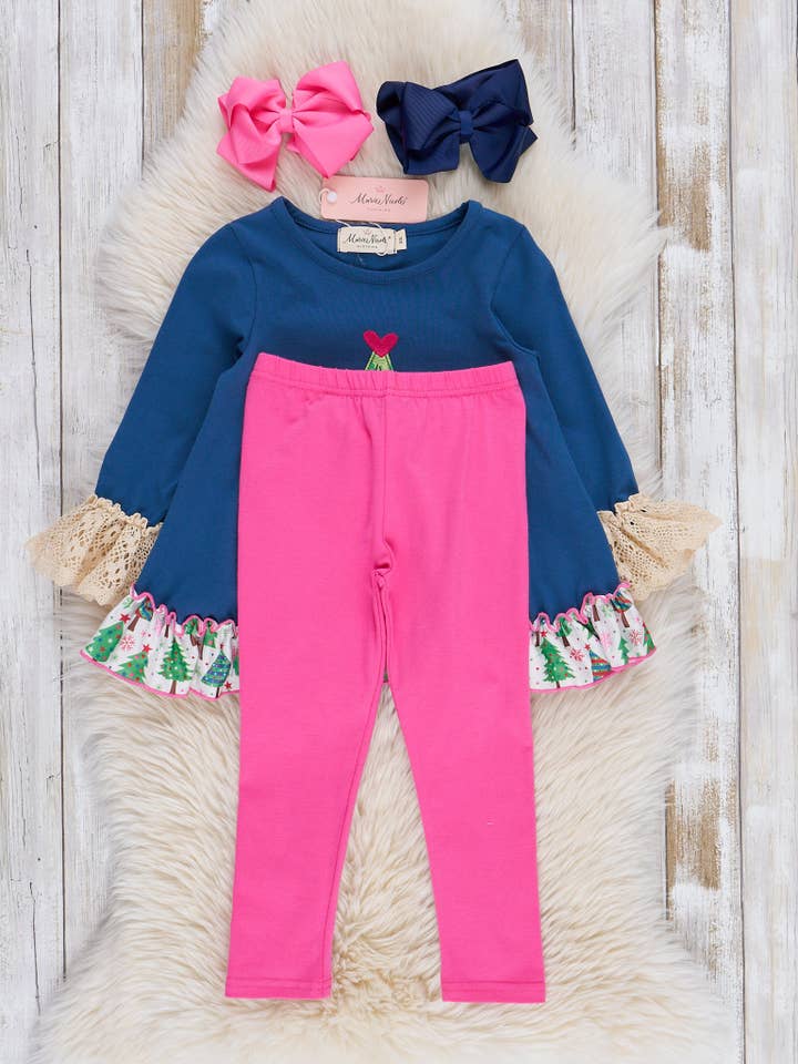 Marie Nicole Clothing - Wholesale Top & Leggings Set - Kids - Navy & Pink Christmas Tree Ruffle Outfit