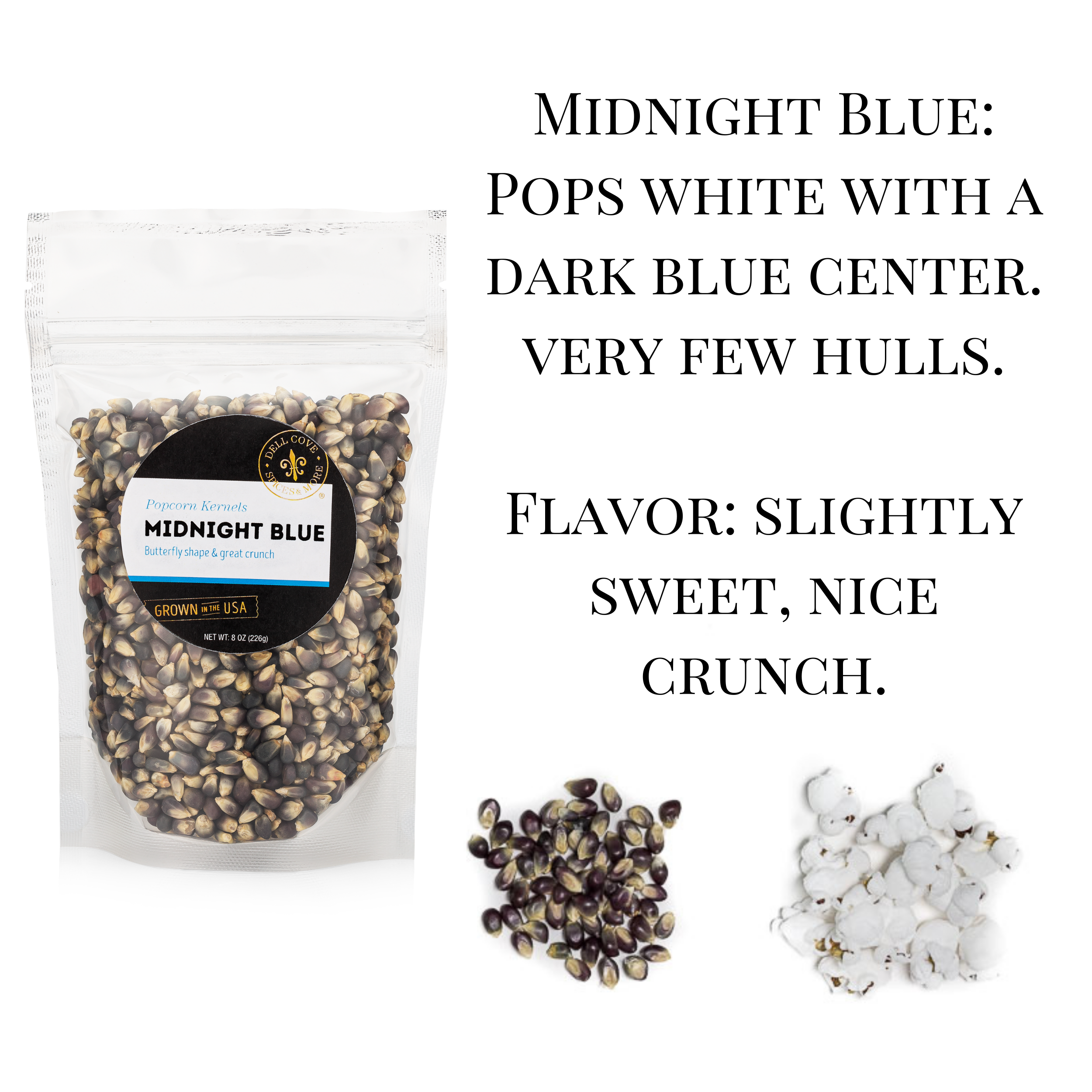 Dell Cove Spices & More Co. – wholesale Popcorn kernels – Midnight Blue Popcorn Kernels - Half Pound Bag - Movie Snack2
