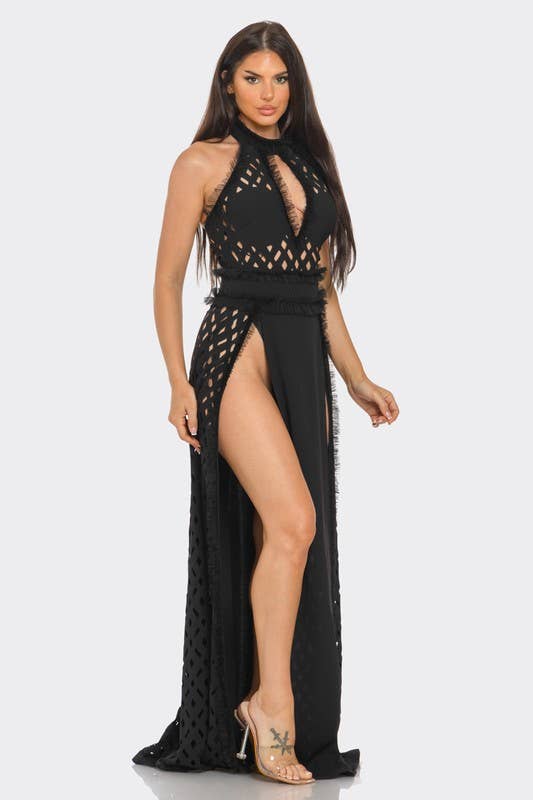 BANJUL - Wholesale Dress - Women's - BD13355P1   Eyelet Halter Neck Maxi Dress2