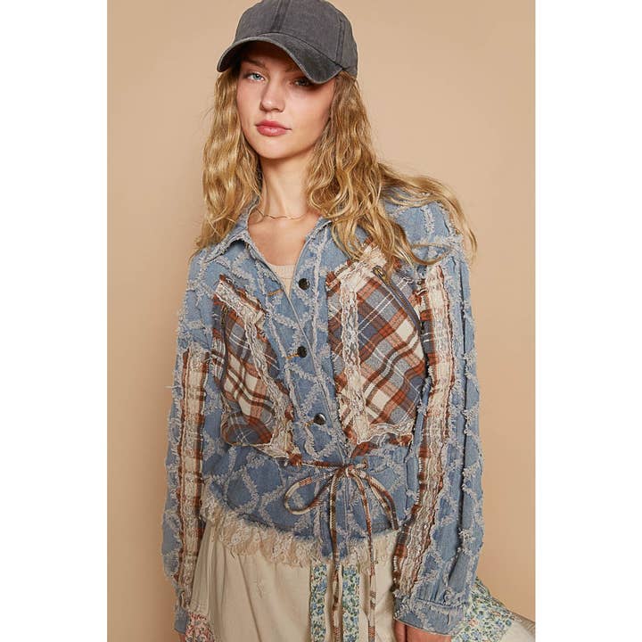 Pol Clothing - Wholesale Jacket - Women's - Balloon sleeve plaid contrast ruffle detail jacket