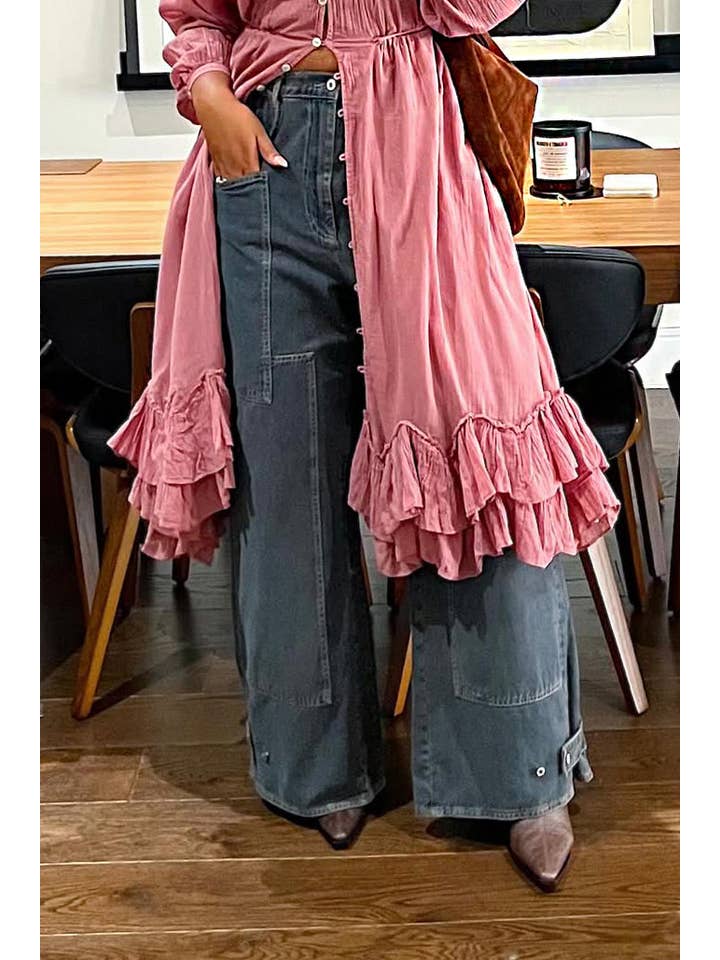 Gray blue Casual Patched Pocket Wide Leg Jeans for wholesale on Faire1