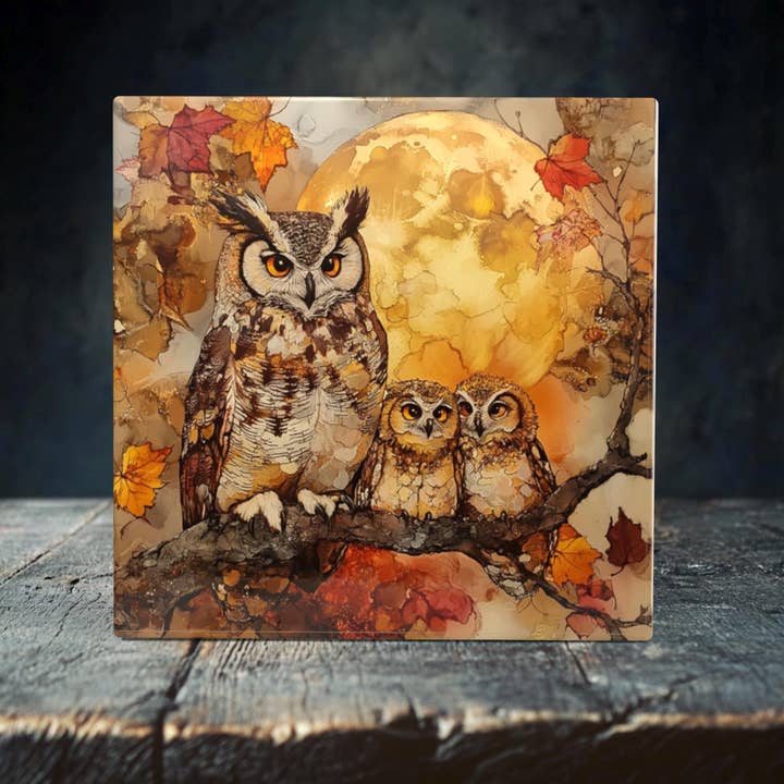 Peeping Tom's Cottage - Wholesale Wall Tile - Majestic Owls Porcelain Tile Art - Autumn Moonlit Scene for Nature Lovers
