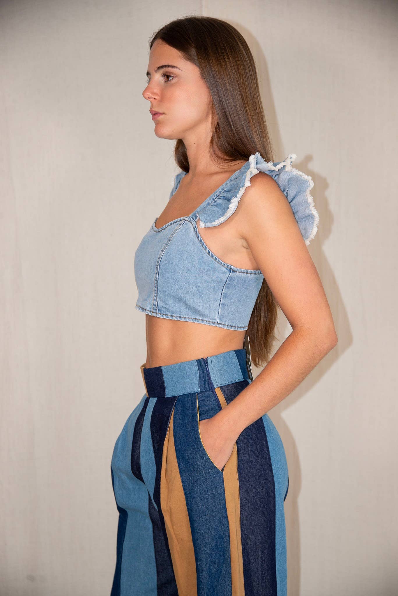 Gipcco Design - Wholesale Pants - Women's - Denim Striped Patchwork Pants – Straight Leg, Wide Fit4