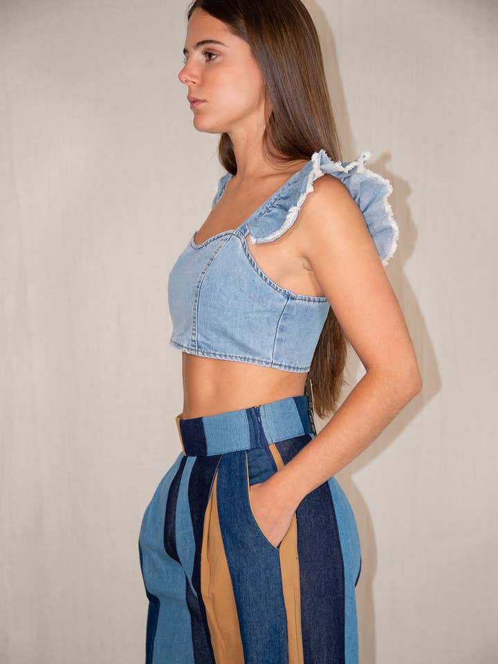 Gipcco Design - Wholesale Pants - Women's - Denim Striped Patchwork Pants – Straight Leg, Wide Fit4