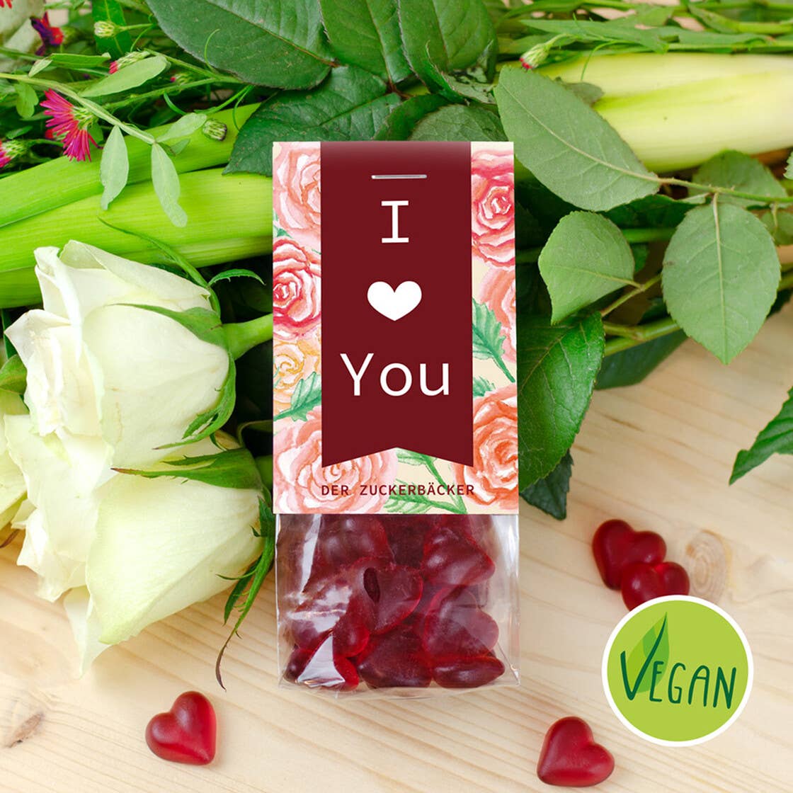 Der Zuckerbäcker - Venta al por mayor Gominolas - Bolsa de snack vegano de corazones de goma de fruta «I Love You»1