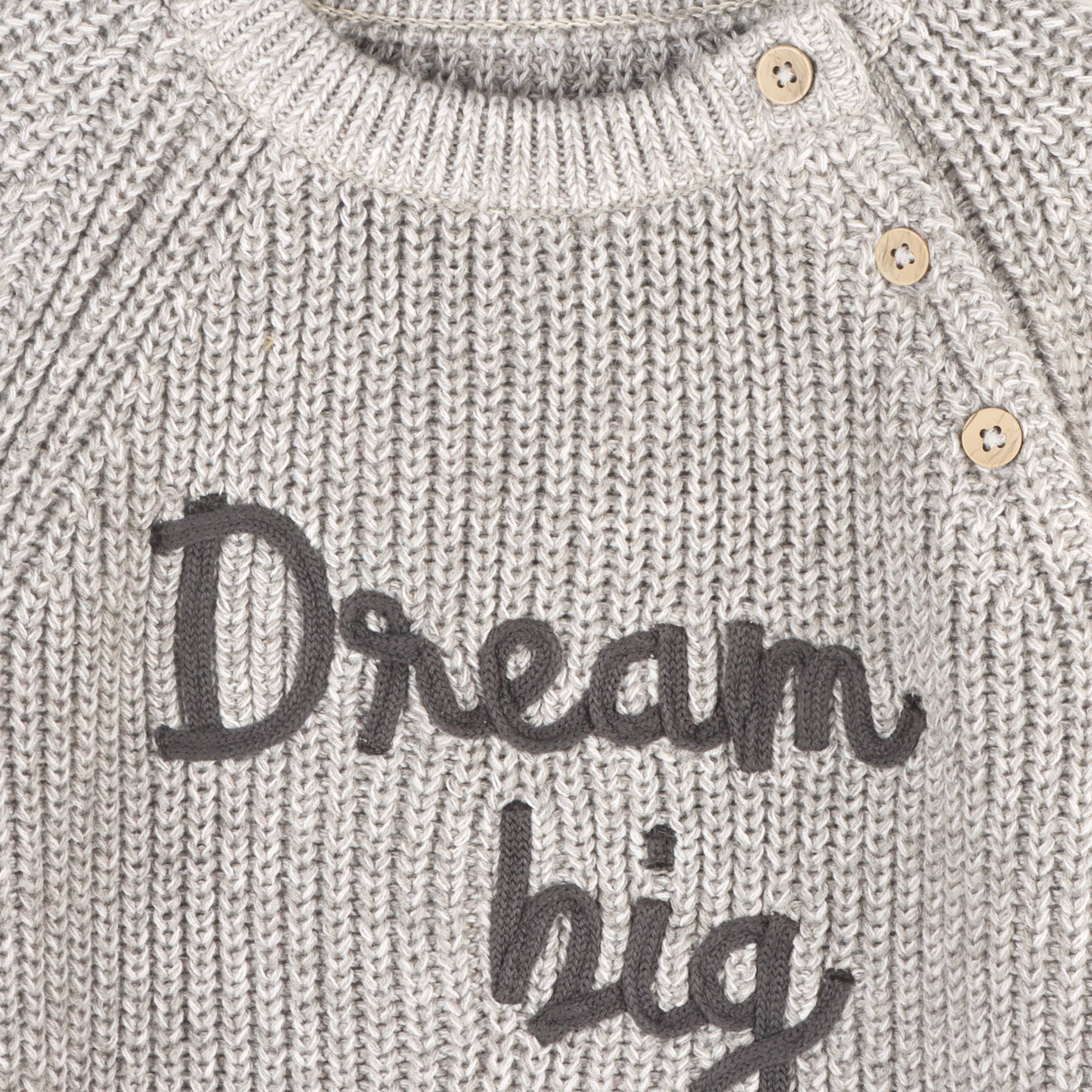 Heather Grey Dream Big Embroidered Chunky Knit Baby Sweater (Organic) for wholesale on Faire2