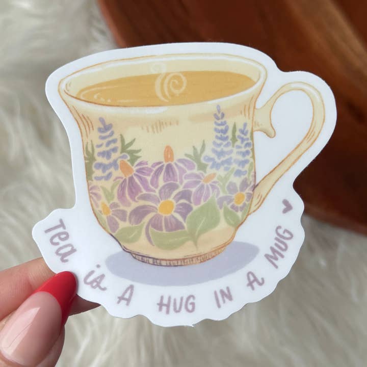 Big Moods - Wholesale Sticker - "Tea is a hug in a mug" Cute Floral Cup Sticker0