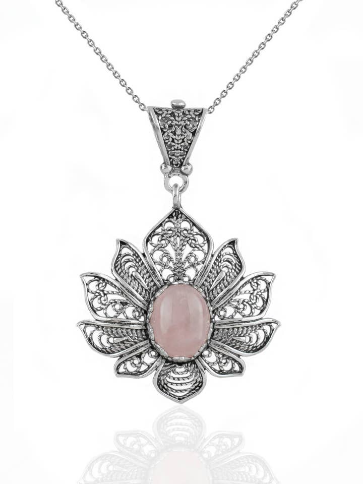 Sterling Silver Lotus Medallion Quartz Necklace for wholesale by Filigranist Jewelry