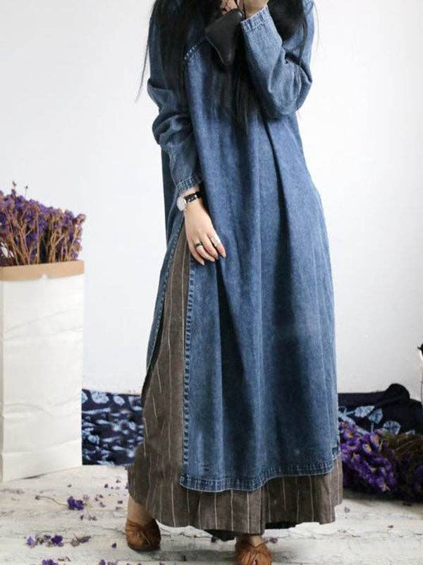 BLUE Loose Button Split-side Jeans Long Dress for wholesale on Faire