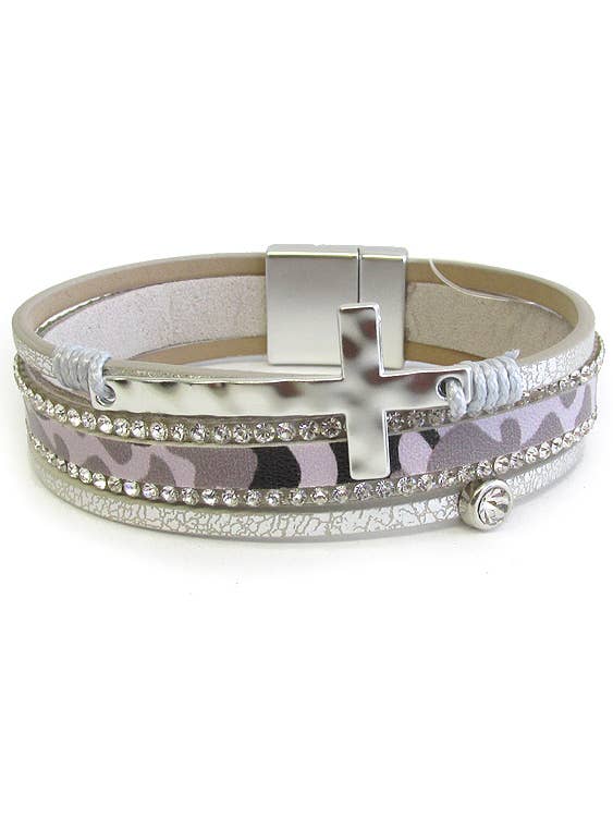 ( B536 ) MULTI LAYER LEATHERETTE MAGNETIC BRACELET - CROSS for wholesale by Jewelry Max