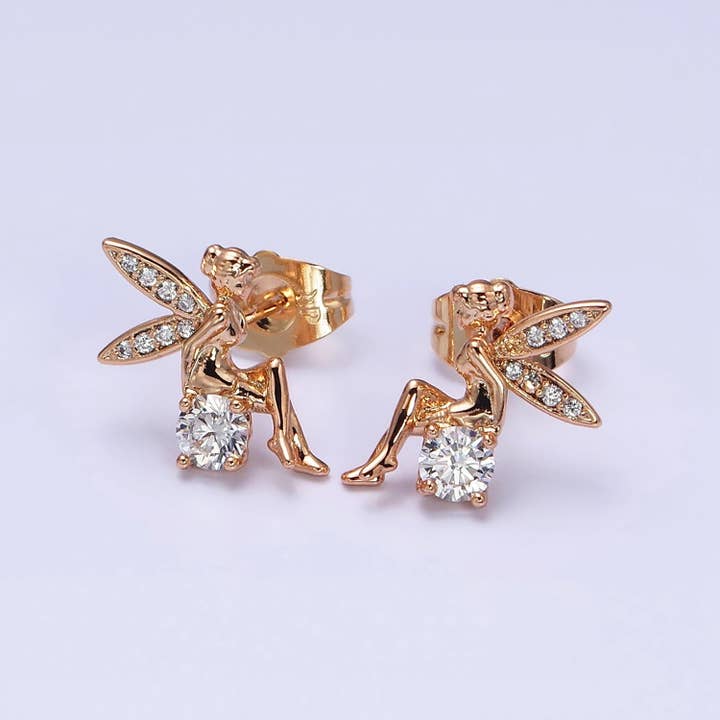 18K Gold Filled Fairy Wings Micro Paved CZ Stud Earrings for wholesale by Aim Eternal