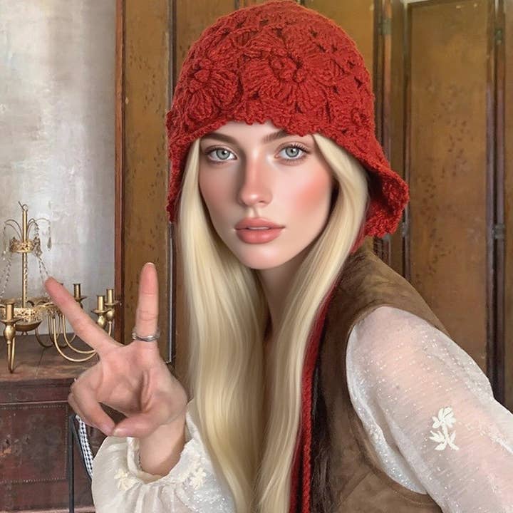 Red Crochet Knit Beanie – Hollow Out Design_CWAH04323 for wholesale by ACCITY