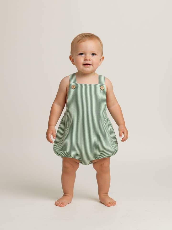 Sage Green Stripes Print Romper for wholesale by Yo Baby