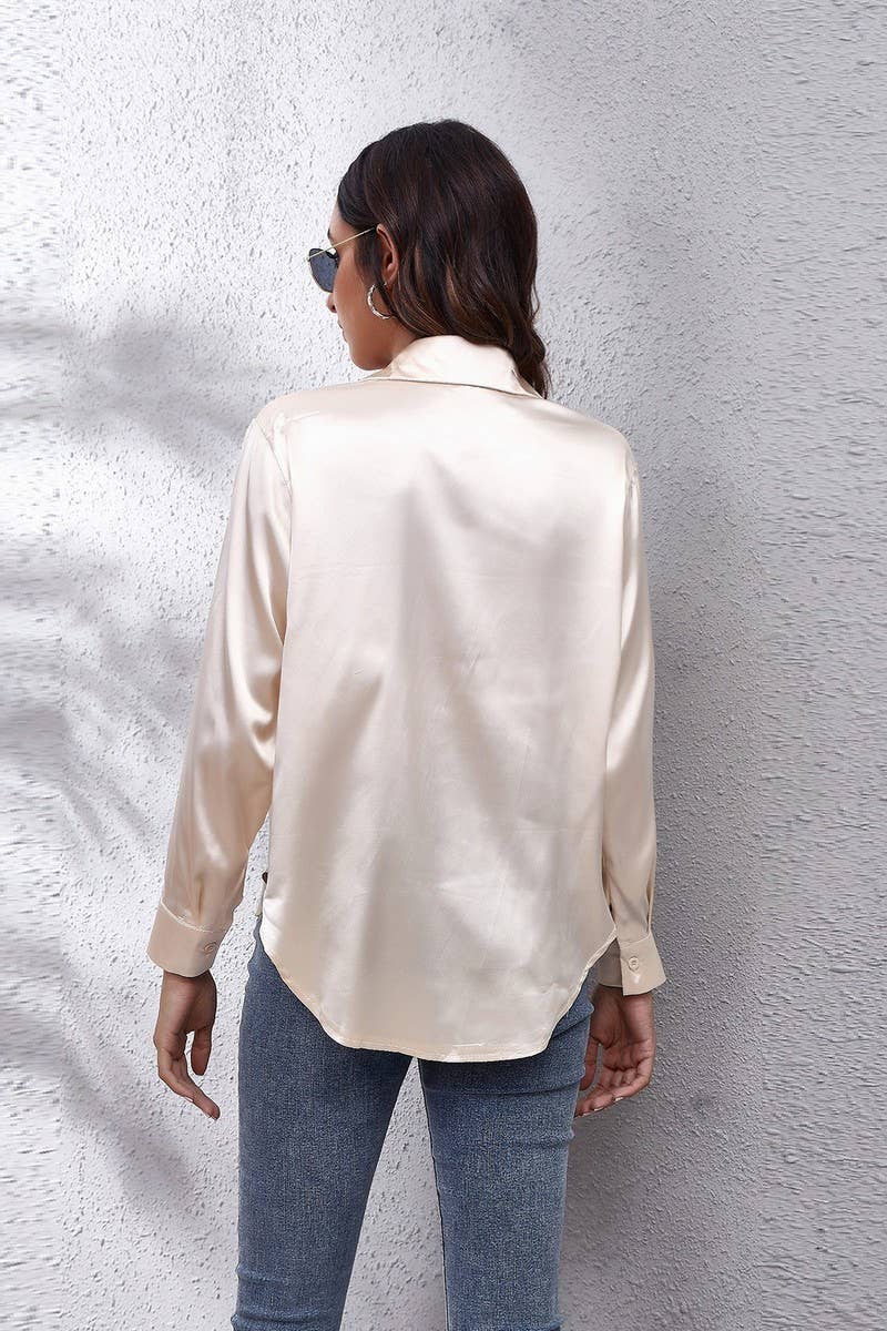 NINEXIS - Wholesale Button Down Shirt - Women's - CWTBLL0691_Button Down Silky Satin Long Sleeve Top5