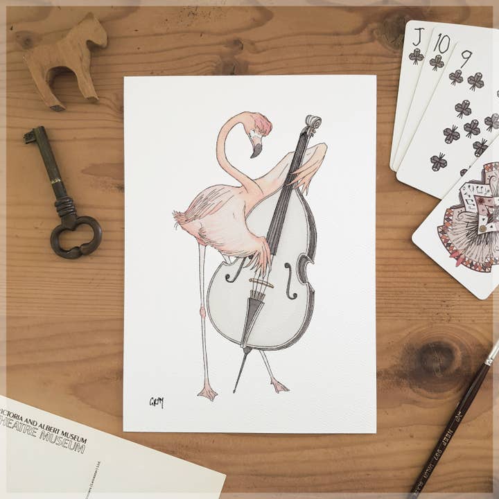 The Flamingo & His Double Bass - A5 Art Print for wholesale by Erlenmeyer Art