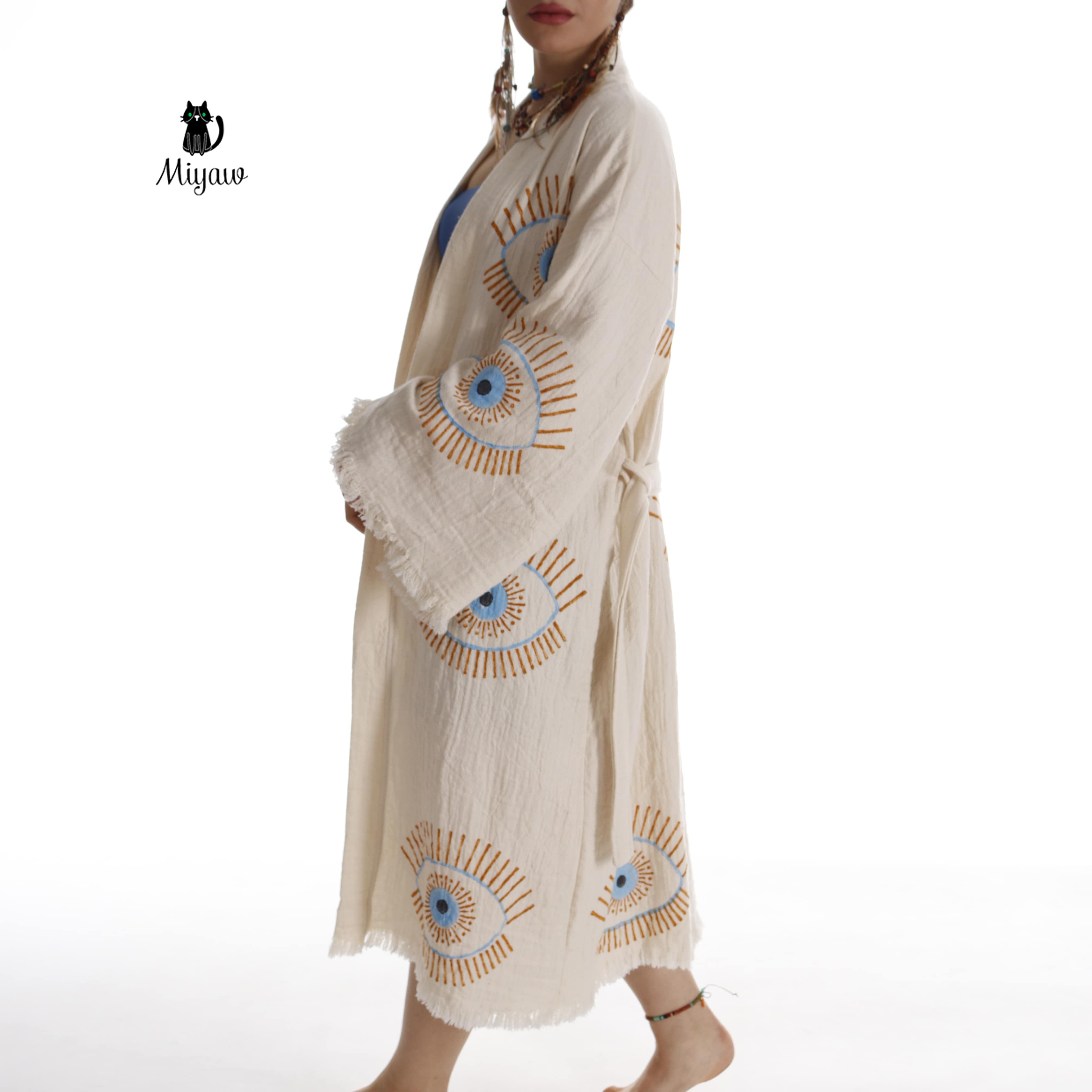 Beige Evil Eye Inspired Blue Caftan - Wholesale Boho Chic Essential for wholesale on Faire4