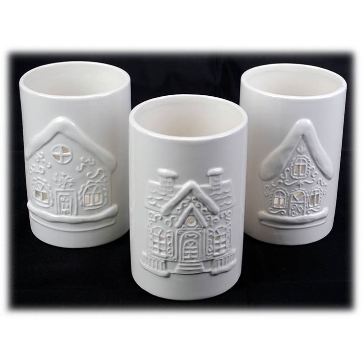 Will's Company - Wholesale Candle Holder - Ceramic Luminary with Winter House Design - 3 styles, 6.25"