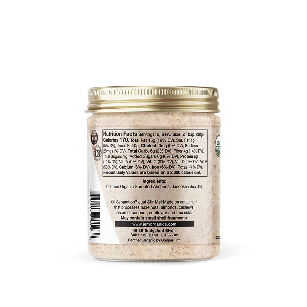 JEM Organics - Wholesale Nut Butter - 6.2oz JEM Organics Crunchy Sprouted Naked Almond Butter1