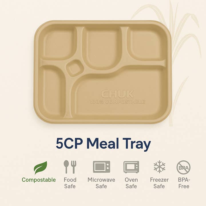 Plateaux-repas à 5 compartiments (Carton de 500 | 20 x 25 paquets) - 100 % compostables fabriqués à partir de bagasse de canne à sucre pour la vente par Nutribite EcoWare