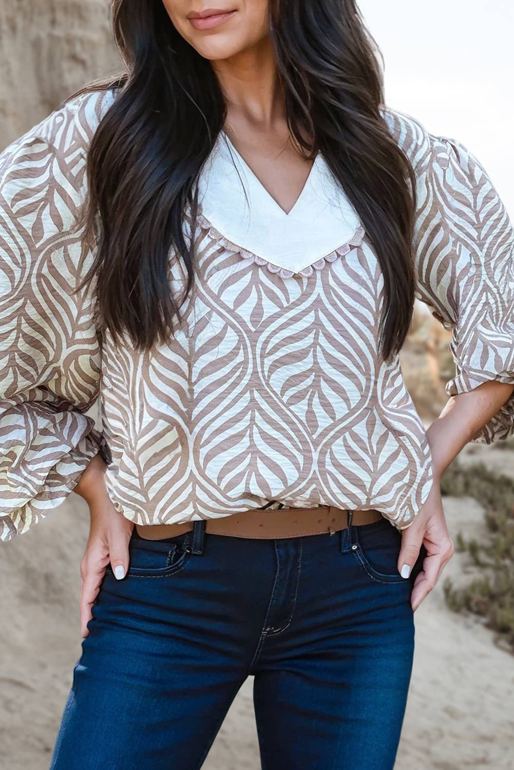 As shown Leafy Abstract Lace Trim Patchwork V Neck Blouse | S-XL for wholesale on Faire0