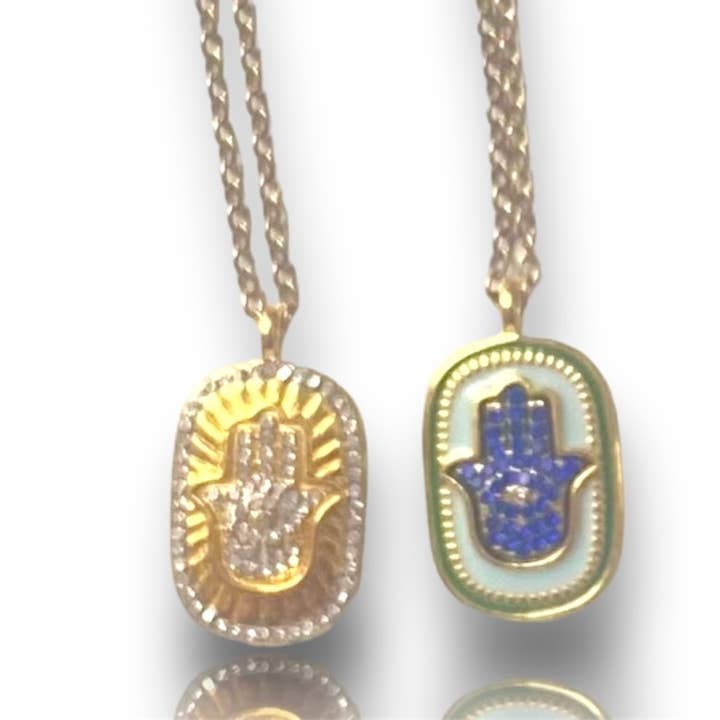 HoopLa - Wholesale Pendant/Charm Necklace - Hamsa Enamel and Crystal Necklace Double Sided Amulet