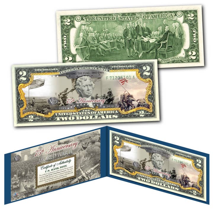 V75-serien - Slutet av 75-årsjubileums* Höjer flaggan på Iwo Jima* Äkta 2 Dollar Bill - Fartyg snabbt - Gratis fartyg till USA för wholesale av The Merrick Mint
