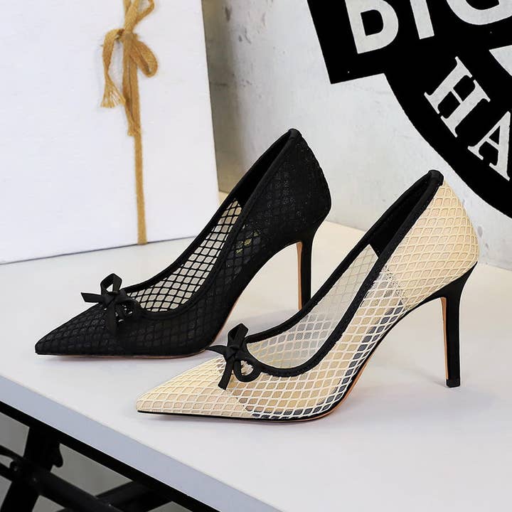 Svelte Seduction - Wholesale High heels – Women’s - French High Heels Bow Pointed Shallow Mouth Mesh Lace Stiletto Heel Slip on Pumps Women4