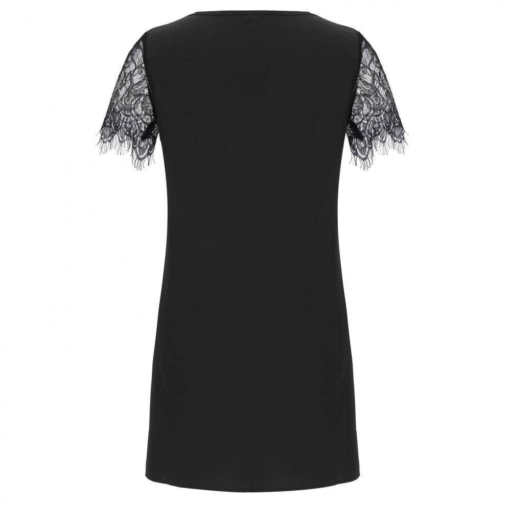 NOIR ROBE AMPLE EN DENTELLE À COL EN V ET PATCHWORK DE PAILLETTES_CWDSD6992 en vente sur Faire3