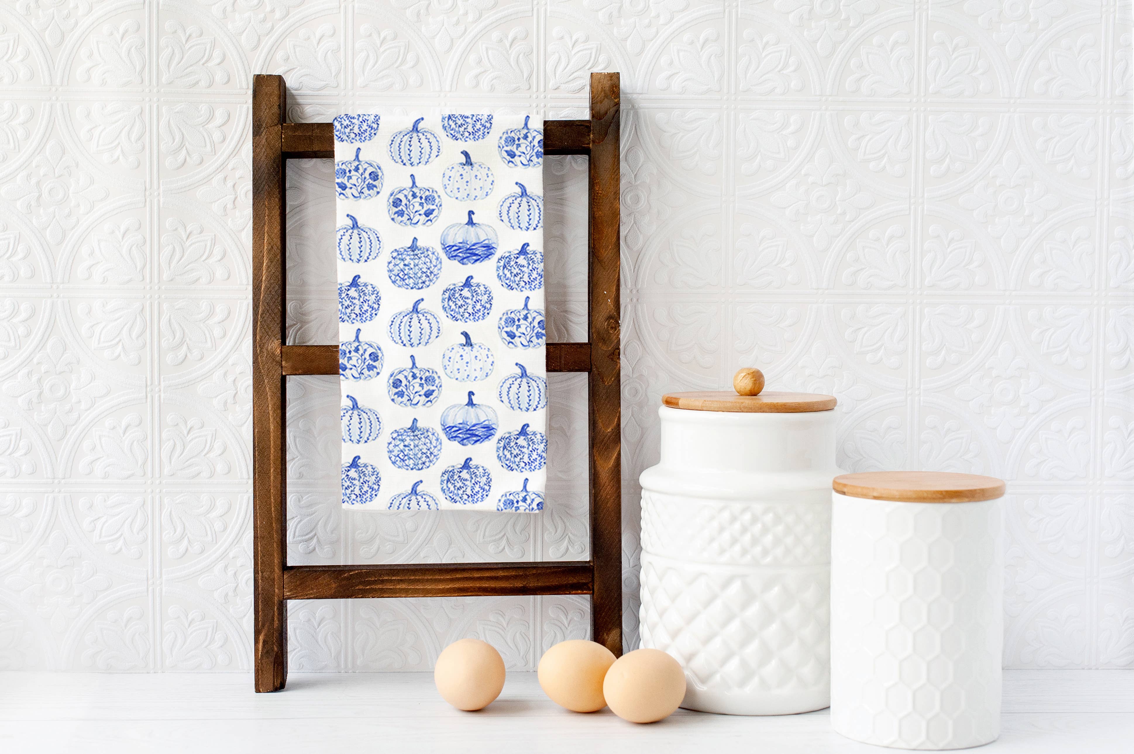 KelseyMDesigns - Wholesale Tea Towel - Toile Blue Pumpkins Towel - Chinoiserie Fall Tea Towel2