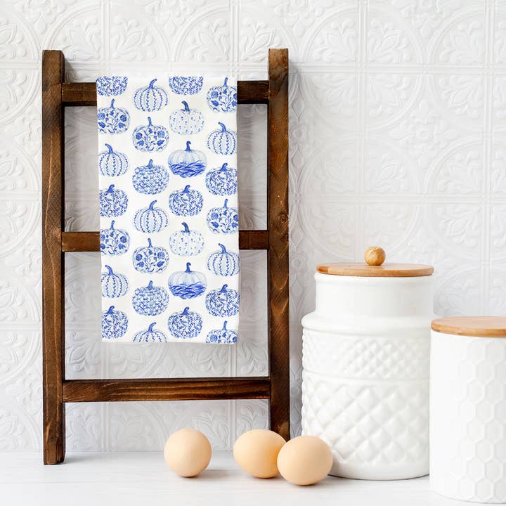 KelseyMDesigns - Wholesale Tea Towel - Toile Blue Pumpkins Towel - Chinoiserie Fall Tea Towel2