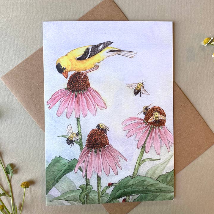 Goldfinch, Coneflower, Bees Greeting Card for wholesale by Lucinda Rowe Art