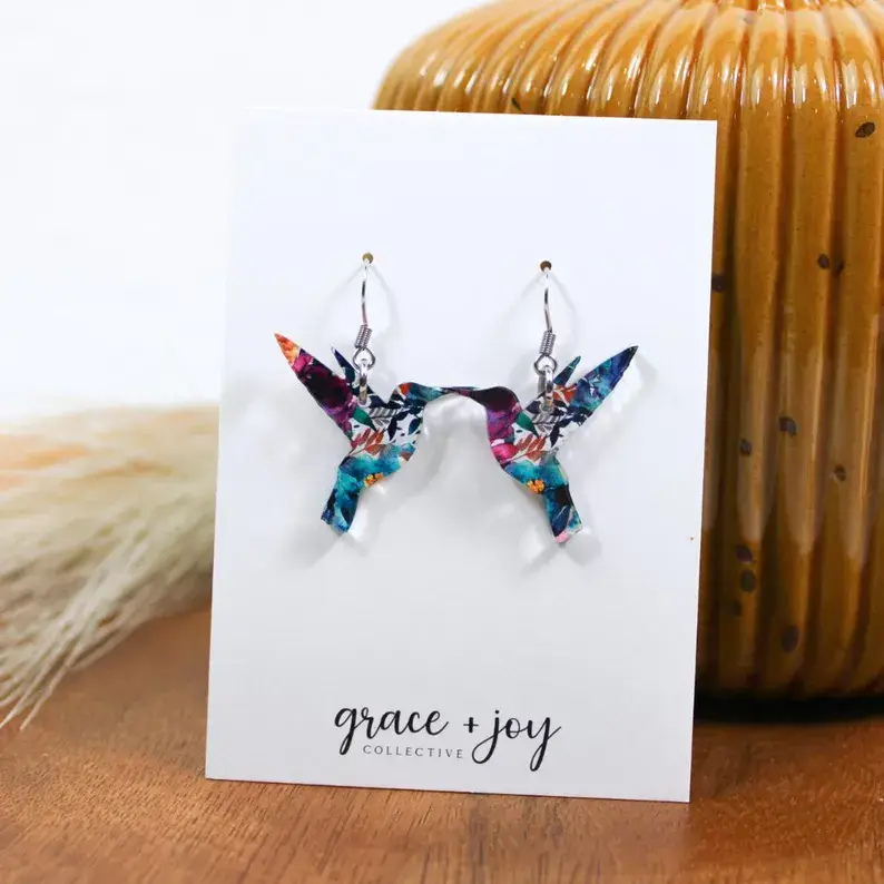 Grace + Joy Collective - Wholesale Dangle Earrings -  Cherry Blossom Hummingbird Dangle Earrings, Acrylic Earring6