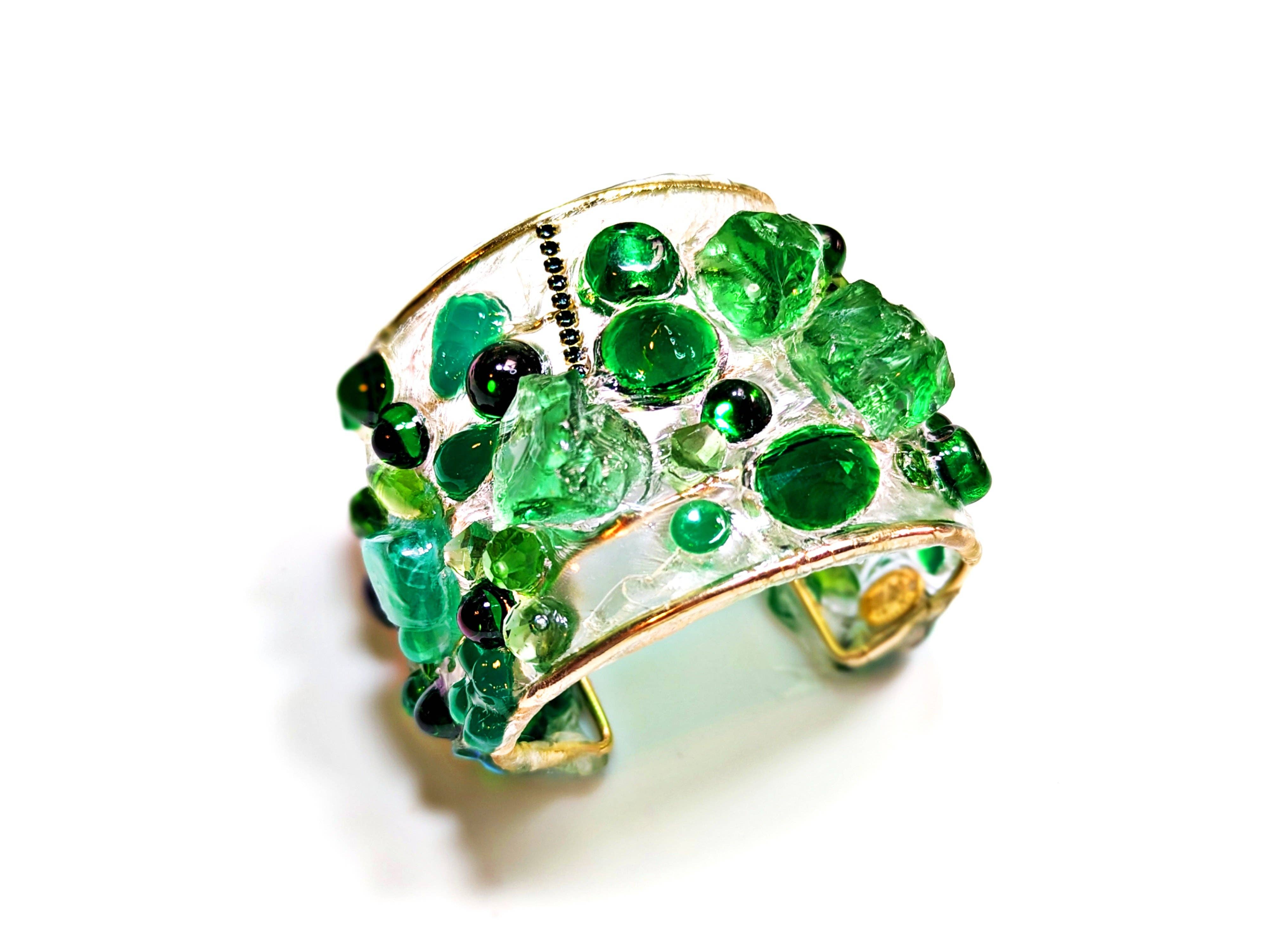 Gay Isber Designs - Wholesale Cuff Bracelet - Emerald Green Clear Confetti 2.5 inch wide Clear Resin Cuff Bracelet Vintage Swarovski Faceted Stones Handmade Sustainable USA Sugar Gay Isber5