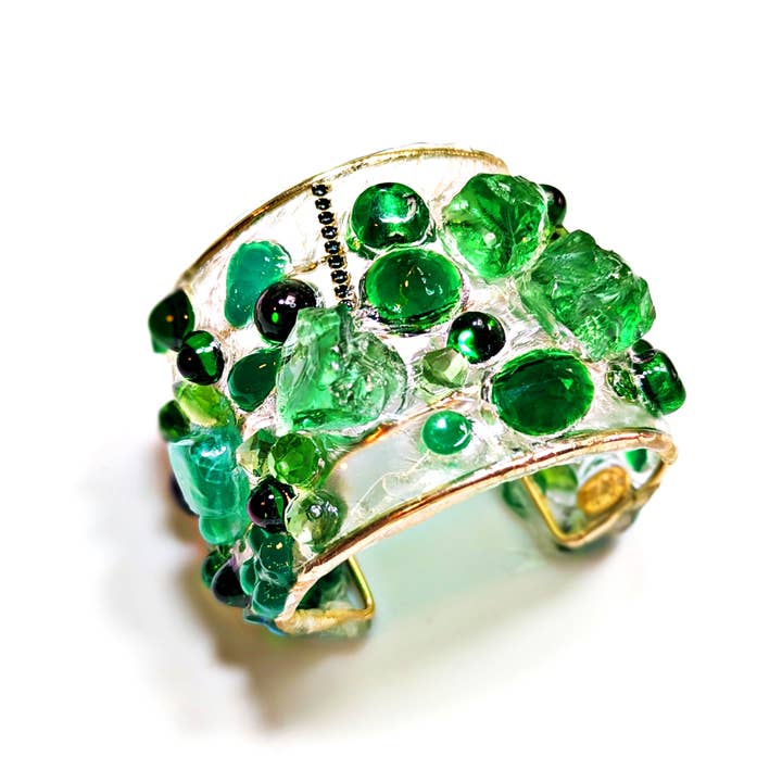Gay Isber Designs - Wholesale Cuff Bracelet - Emerald Green Clear Confetti 2.5 inch wide Clear Resin Cuff Bracelet Vintage Swarovski Faceted Stones Handmade Sustainable USA Sugar Gay Isber5