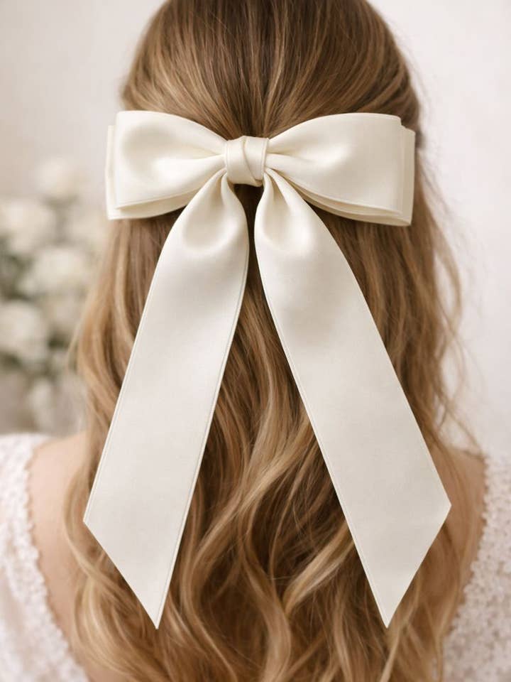 Elfenbensfarvet satin dobbelt sløjfe med klips for engroshandel hos Whim and Whimsy Gift Co.