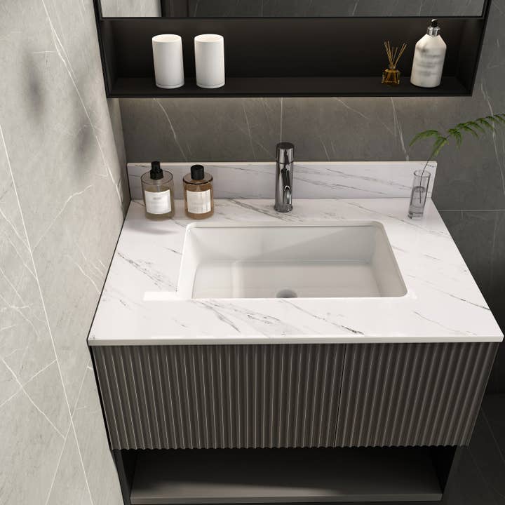 39F Inc. - Wholesale - Elegant Bathroom Vanity Top with Undermount Sink, White Sintered Stone, 31 Inch Carrara Marble Design3