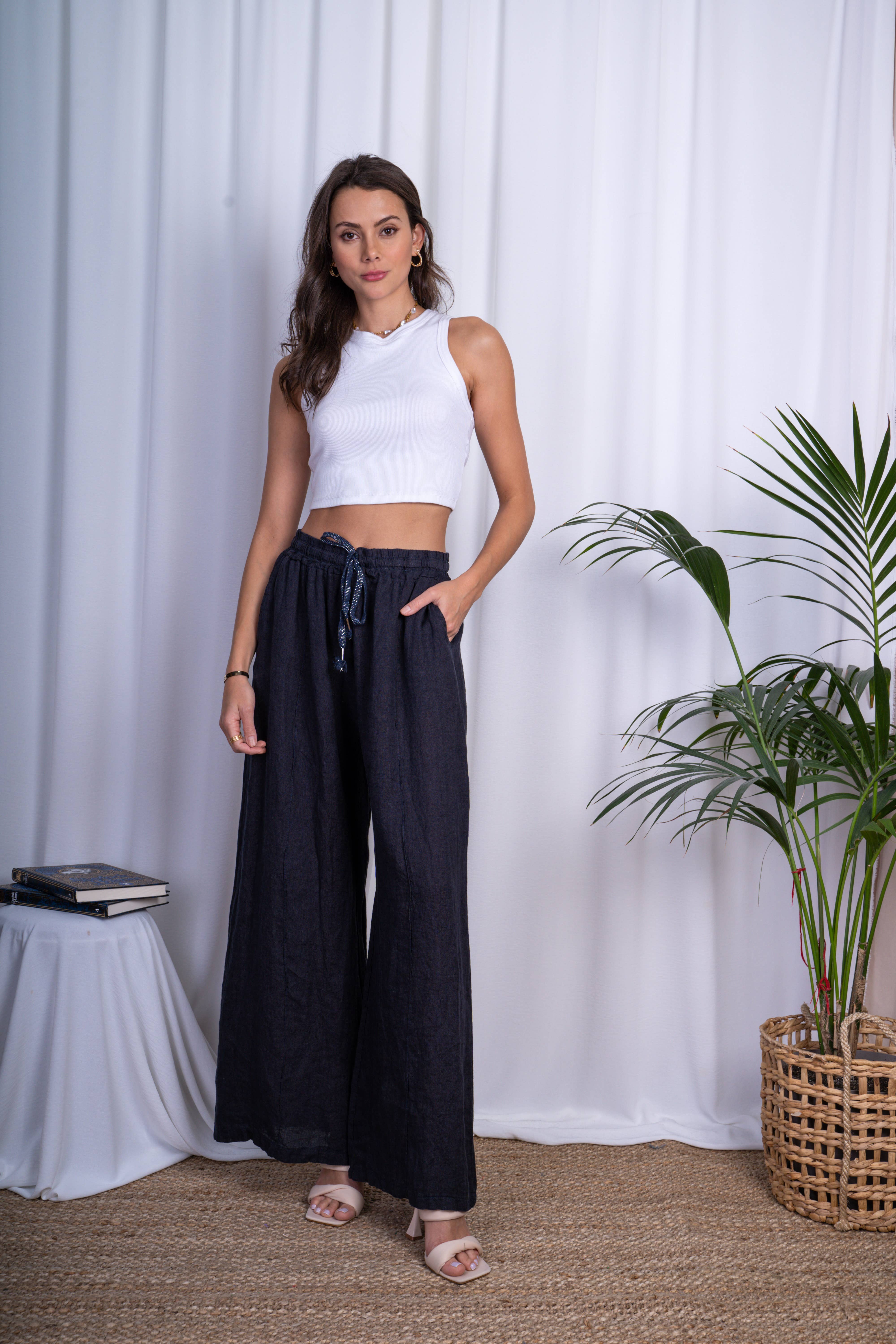 ORNELLA PARIS - Vente Pantalon – femme - pantalon coupe large  en lin grande taille BLL-PT7900L12