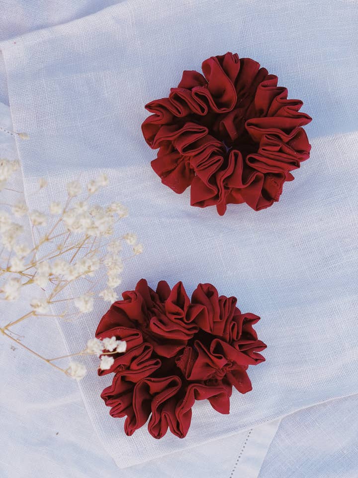 Cranberry Chiffon Ruffle Scrunchie for wholesale by Wallflower