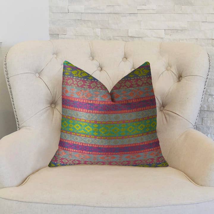 Plutus Home Brands - Venta al por mayor Cojín decorativo - Almohada de lujo Avalanche Magenta Verde y Azul hecha a mano