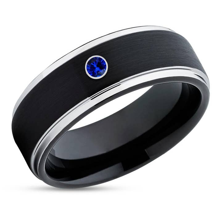 Black Tungsten Wedding Ring - Black Wedding Ring - Blue Sapphire Ring - Black Wedding Band for wholesale by Lucky Love Rings