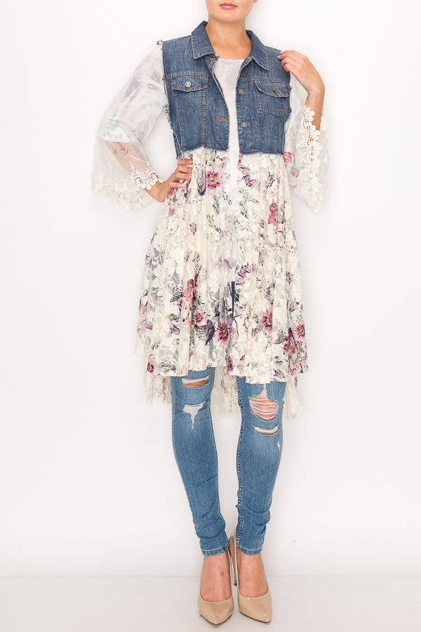 PT CH FLOWER CROPPED DENIM VEST WITH LACE LAYER--4479 DENIM/C FL for wholesale on Faire3