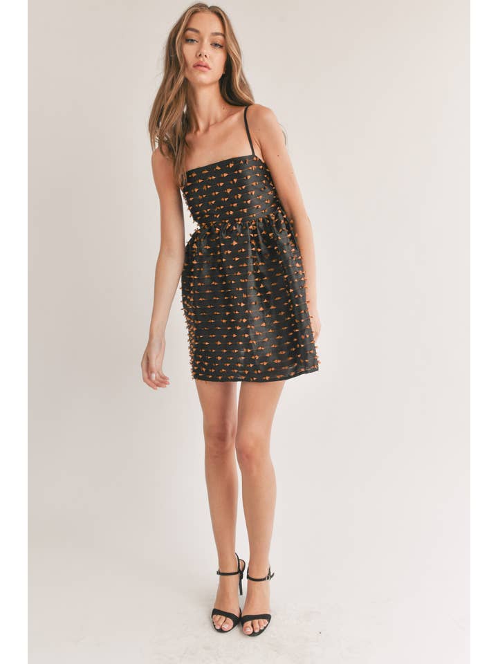 BLACK BROWN ID7139 TASSEL TEXTURED FABRIC BABY DOLL MINI DRESS for wholesale on Faire5