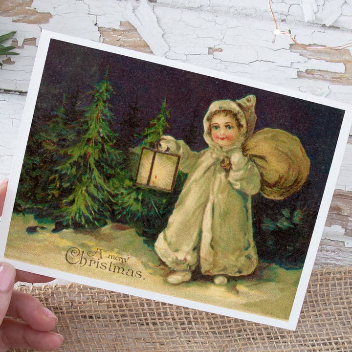 Christmas Card. Vintage Girl Holding Lantern. for wholesale by Cheerful Whimsies