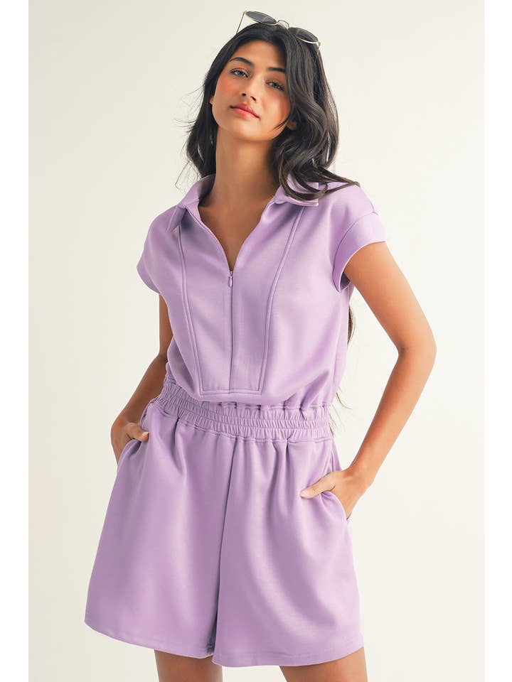 Orchid Bouquet LDC Zipper Collared Elastic High Waist Romper for wholesale on Faire