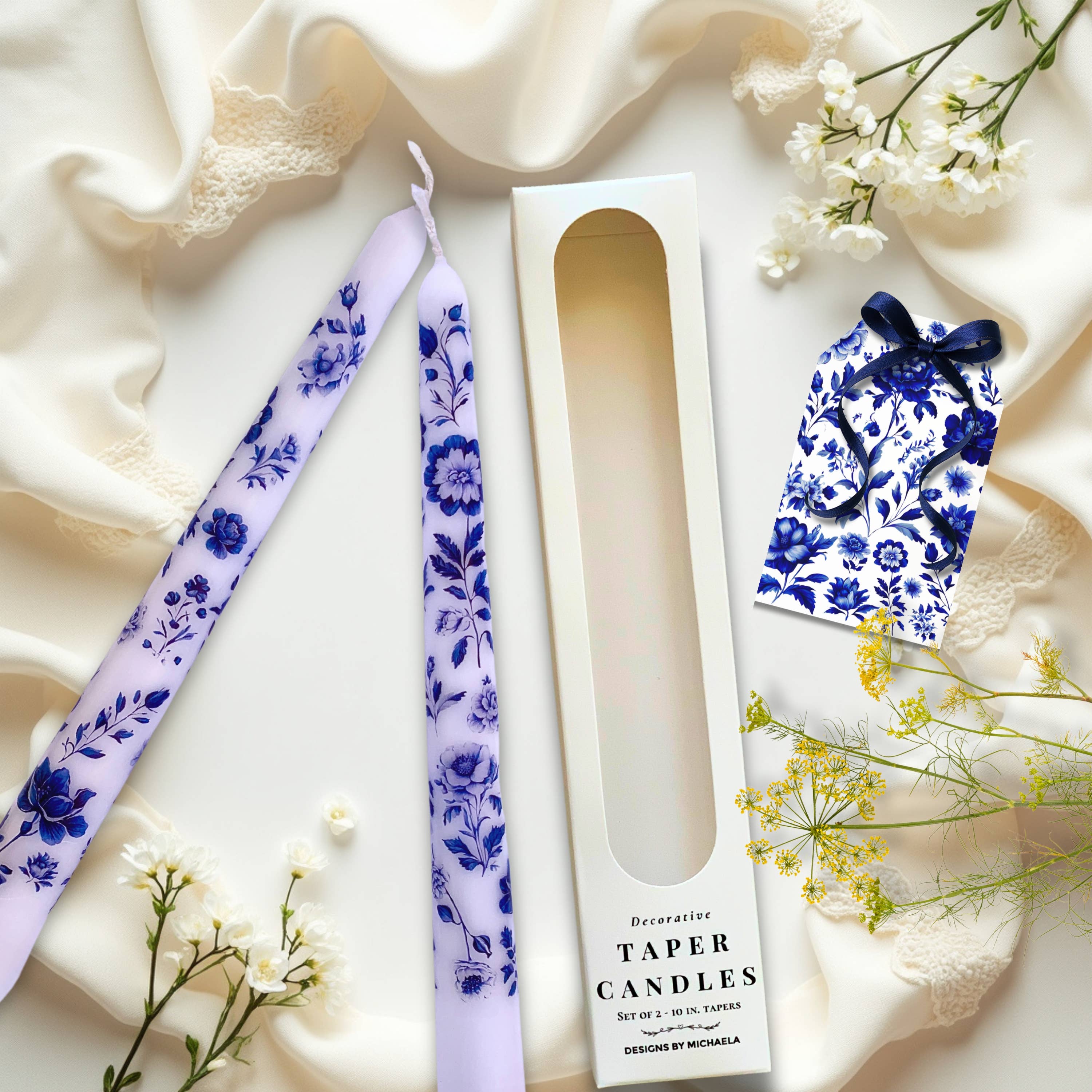 Designs by Michaela - Wholesale Tapered Candle/Candlestick - Blue Floral Chinoiserie Taper Candles for Decor and Gifts3