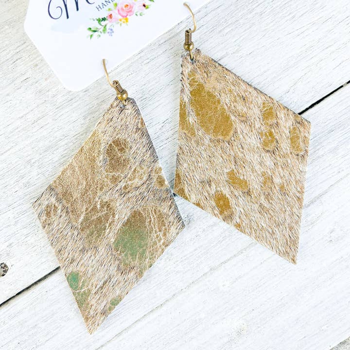 Hazel Hill ~MaeBella~ - Wholesale Dangle Earrings - Leather Earrings Maxine Hair on Hide Gold Foil